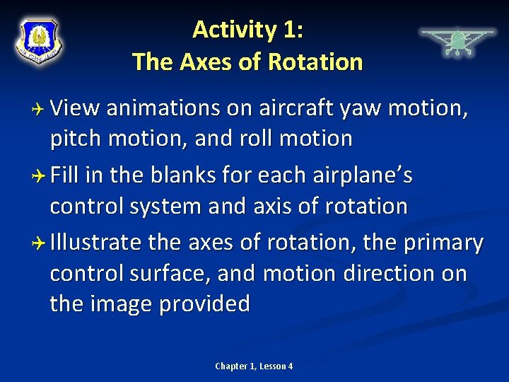 Activity 1: The Axes of Rotation View animations on aircraft yaw motion, pitch motion,