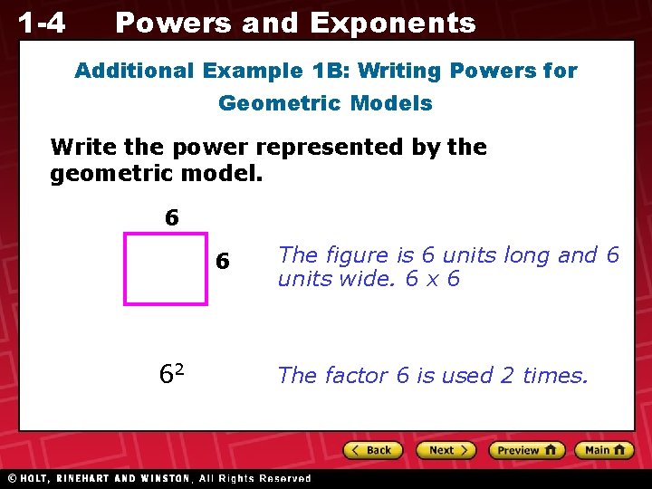1 -4 Powers and Exponents Additional Example 1 B: Writing Powers for Geometric Models