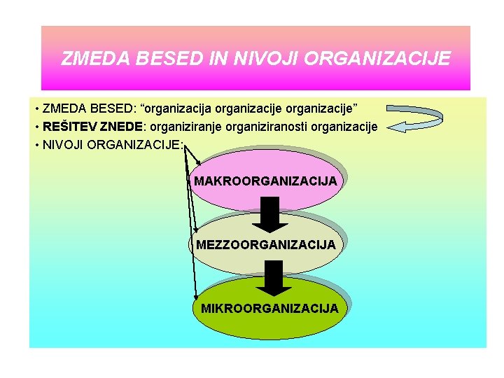 ZMEDA BESED IN NIVOJI ORGANIZACIJE • ZMEDA BESED: “organizacija organizacije” • REŠITEV ZNEDE: organiziranje