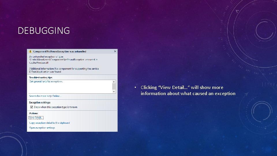 DEBUGGING • Clicking “View Detail…” will show more information about what caused an exception