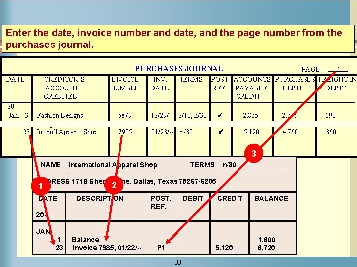 Enter the date, invoice number and date, and the page number from the purchases