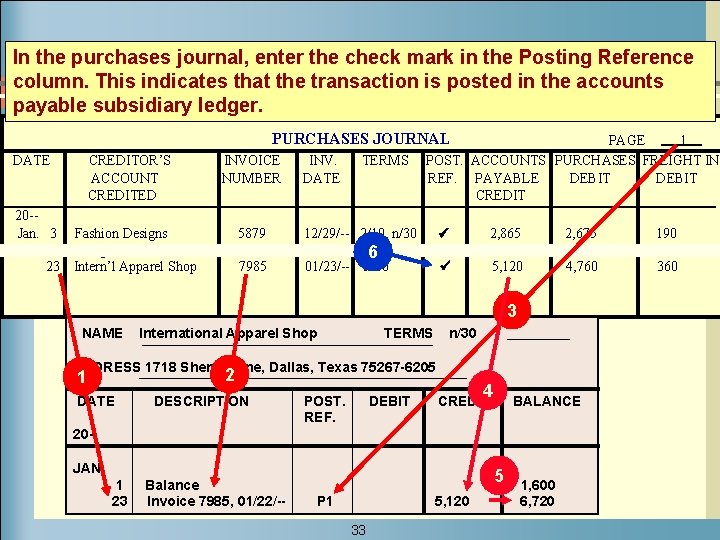 In the purchases journal, enter the check mark in the Posting Reference column. This