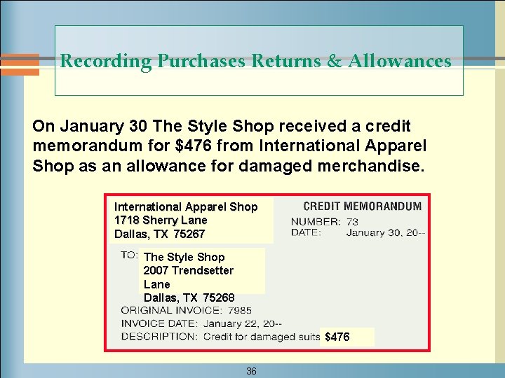 Recording Purchases Returns & Allowances On January 30 The Style Shop received a credit