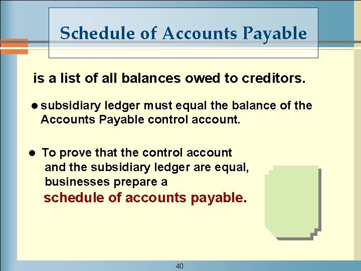 Schedule of Accounts Payable is a list of all balances owed to creditors. l