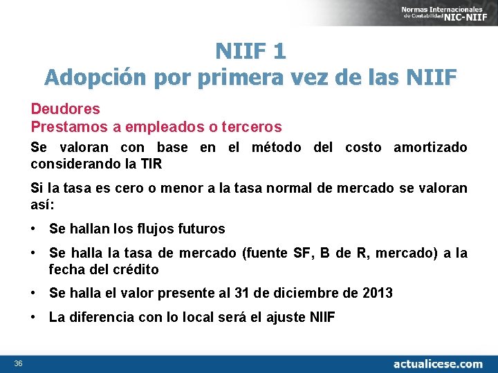 NIIF 1 Adopción por primera vez de las NIIF Deudores Prestamos a empleados o