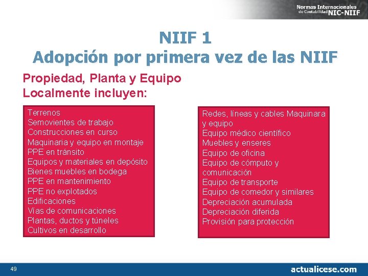 NIIF 1 Adopción por primera vez de las NIIF Propiedad, Planta y Equipo Localmente