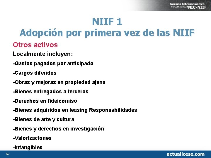 NIIF 1 Adopción por primera vez de las NIIF Otros activos Localmente incluyen: -Gastos
