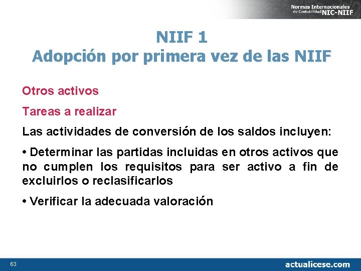 NIIF 1 Adopción por primera vez de las NIIF Otros activos Tareas a realizar