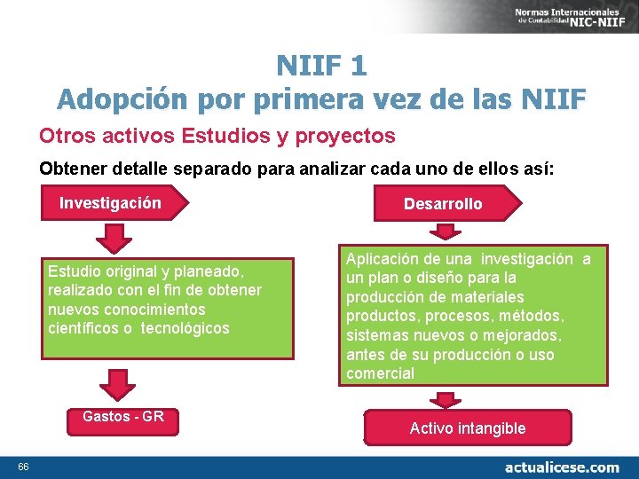 NIIF 1 Adopción por primera vez de las NIIF Otros activos Estudios y proyectos