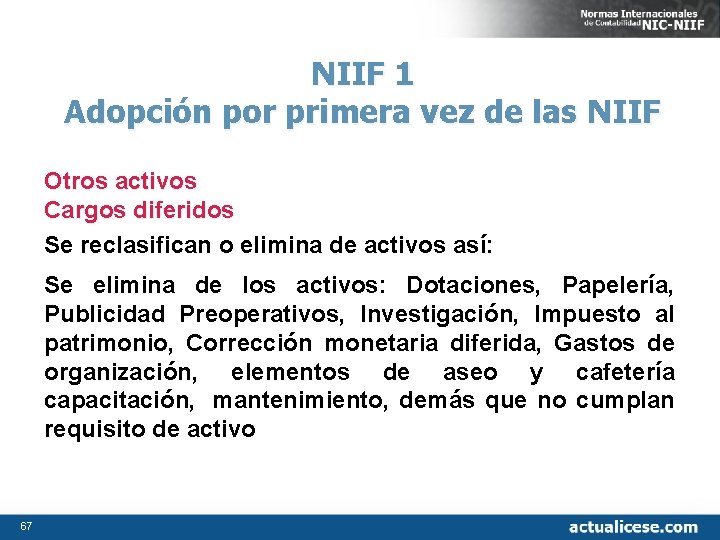 NIIF 1 Adopción por primera vez de las NIIF Otros activos Cargos diferidos Se