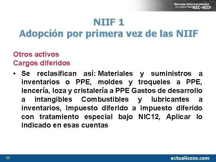 NIIF 1 Adopción por primera vez de las NIIF Otros activos Cargos diferidos •