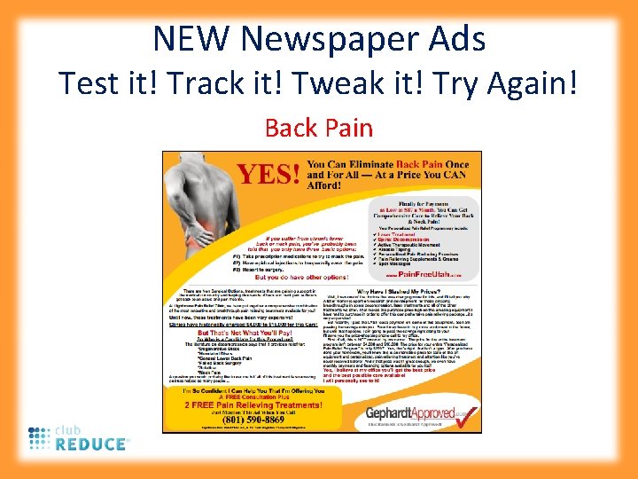 NEW Newspaper Ads Test it! Track it! Tweak it! Try Again! Back Pain 