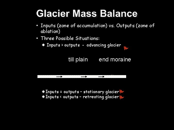  • Inputs (zone of accumulation) vs. Outputs (zone of ablation) • Three Possible