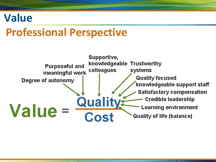 Value Professional Perspective Supportive, Purposeful and knowledgeable Trustworthy systems meaningful work colleagues Quality focused