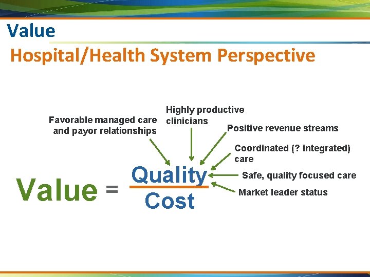 Value Hospital/Health System Perspective Highly productive Favorable managed care clinicians Positive revenue streams and