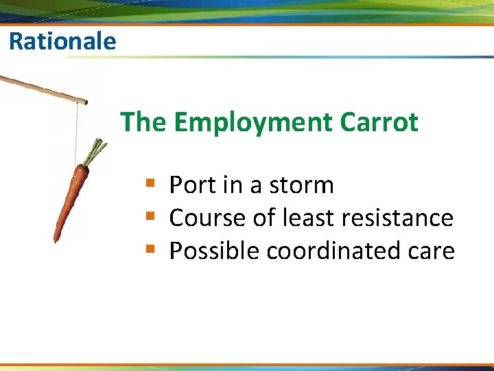 Rationale The Employment Carrot § Port in a storm § Course of least resistance