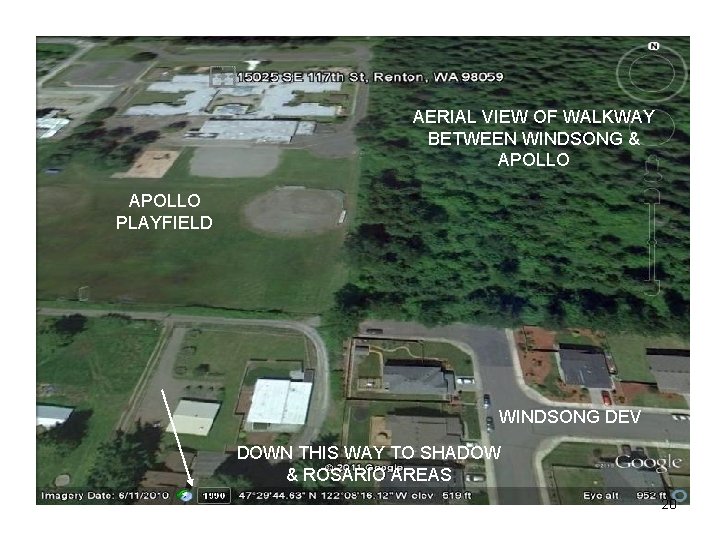 AERIAL VIEW OF WALKWAY BETWEEN WINDSONG & APOLLO PLAYFIELD WINDSONG DEV DOWN THIS WAY