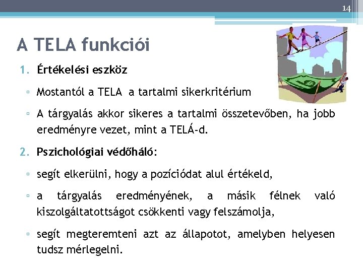 14 A TELA funkciói 1. Értékelési eszköz ▫ Mostantól a TELA a tartalmi sikerkritérium