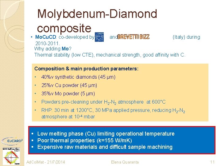 Molybdenum-Diamond composite • Mo. Cu. CD: co-developed by and (Italy) during 2010 -2011. Why