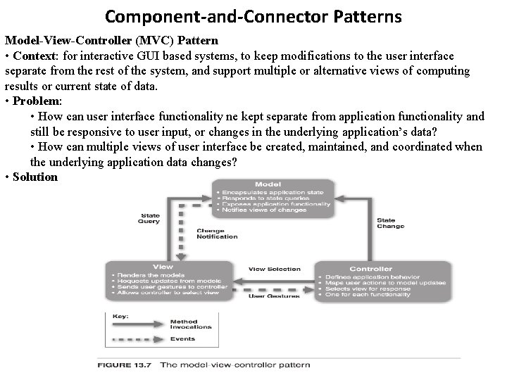 Component-and-Connector Patterns Model-View-Controller (MVC) Pattern • Context: for interactive GUI based systems, to keep Component-and-Connector Patterns Model-View-Controller (MVC) Pattern • Context: for interactive GUI based systems, to keep