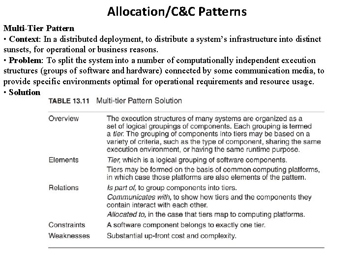 Allocation/C&C Patterns Multi-Tier Pattern • Context: In a distributed deployment, to distribute a system’s Allocation/C&C Patterns Multi-Tier Pattern • Context: In a distributed deployment, to distribute a system’s