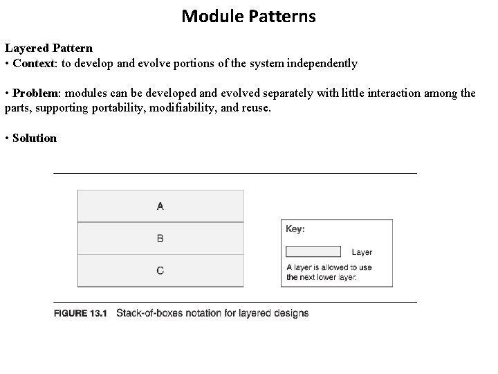 Module Patterns Layered Pattern • Context: to develop and evolve portions of the system Module Patterns Layered Pattern • Context: to develop and evolve portions of the system