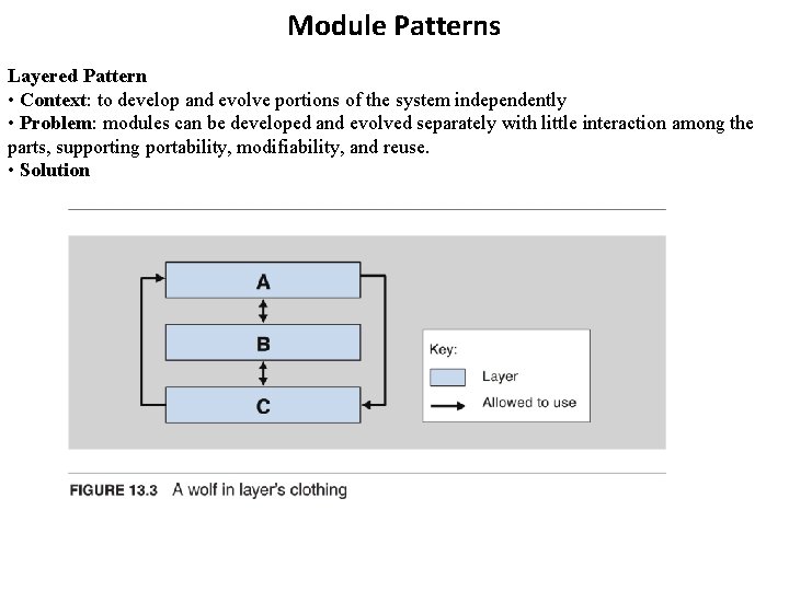 Module Patterns Layered Pattern • Context: to develop and evolve portions of the system Module Patterns Layered Pattern • Context: to develop and evolve portions of the system