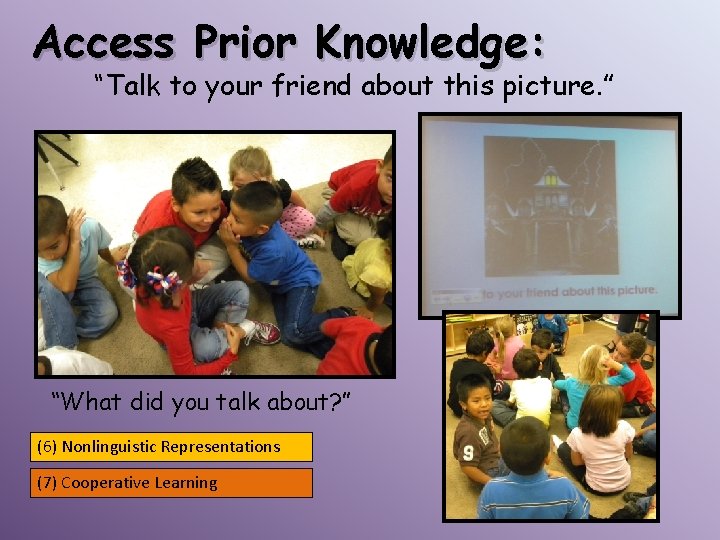 Access Prior Knowledge: “Talk to your friend about this picture. ” “What did you