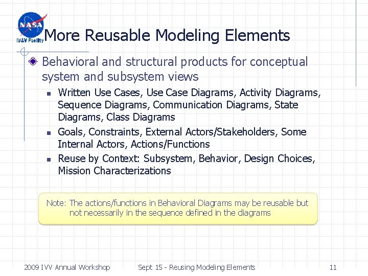 More Reusable Modeling Elements Behavioral and structural products for conceptual system and subsystem views More Reusable Modeling Elements Behavioral and structural products for conceptual system and subsystem views