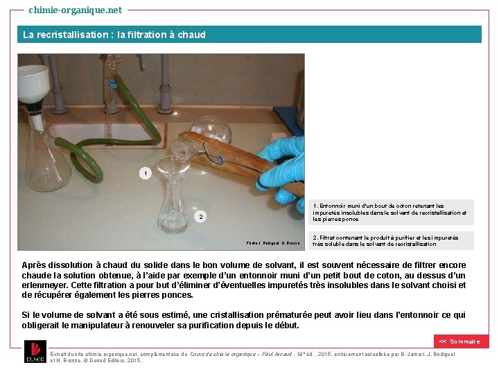 chimie-organique. net La recristallisation : la filtration à chaud 1 1. Entonnoir muni d'un