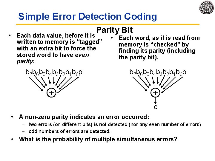 Simple Error Detection Coding Parity Bit • Each data value, before it is written