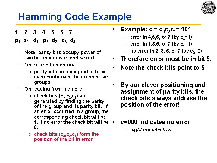 Hamming Code Example 1 2 3 4 5 6 7 p 1 p 2