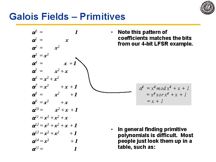 Galois Fields – Primitives 0 = 1 1 = x 2 3 = x