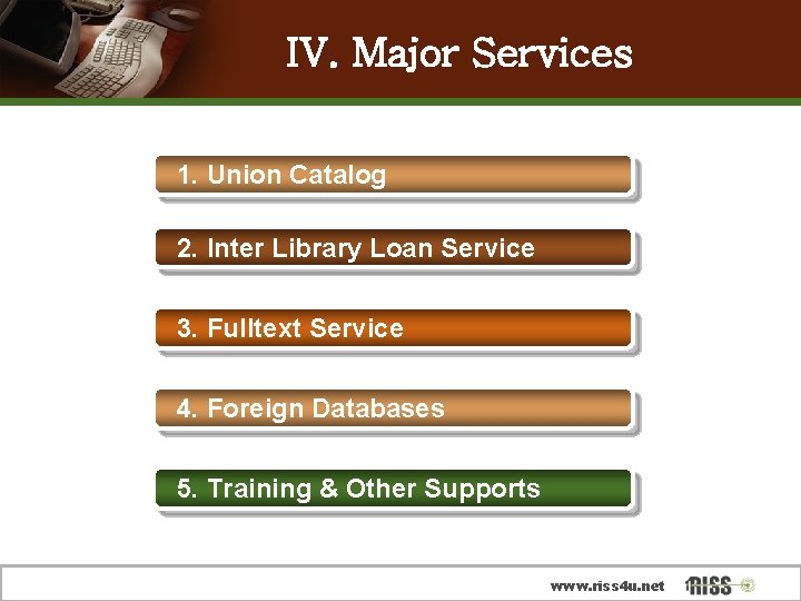 IV. Major Services 1. Union Catalog 2. Inter Library Loan Service 3. Fulltext Service