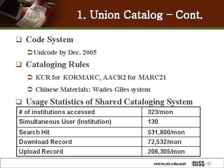 1. Union Catalog – Cont. q Code System Ü Unicode by Dec. 2005 q