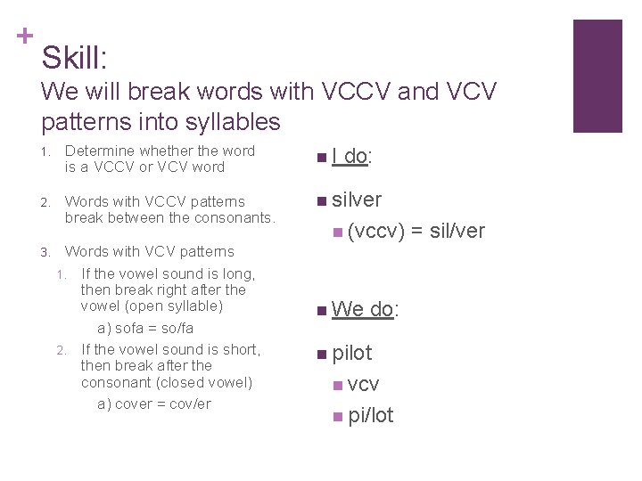 + Skill: We will break words with VCCV and VCV patterns into syllables 1.