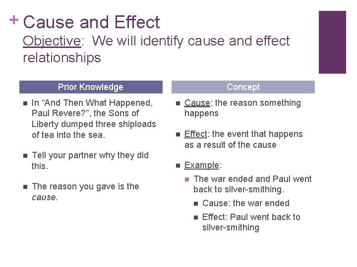 + Cause and Effect Objective: We will identify cause and effect relationships Prior Knowledge