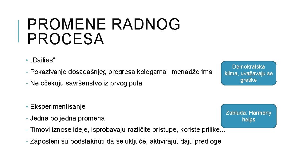PROMENE RADNOG PROCESA • „Dailies“ - Pokazivanje dosadašnjeg progresa kolegama i menadžerima - Ne PROMENE RADNOG PROCESA • „Dailies“ - Pokazivanje dosadašnjeg progresa kolegama i menadžerima - Ne