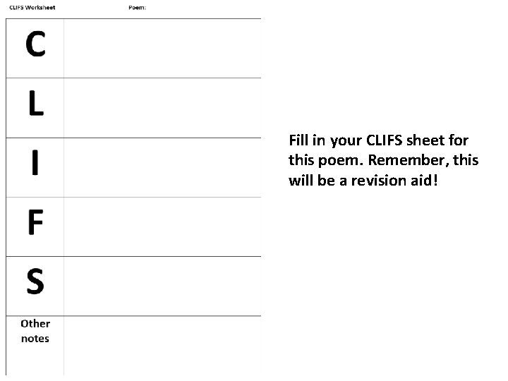 Fill in your CLIFS sheet for this poem. Remember, this will be a revision
