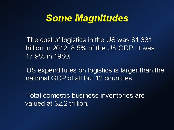 Some Magnitudes The cost of logistics in the US was $1. 331 trillion in