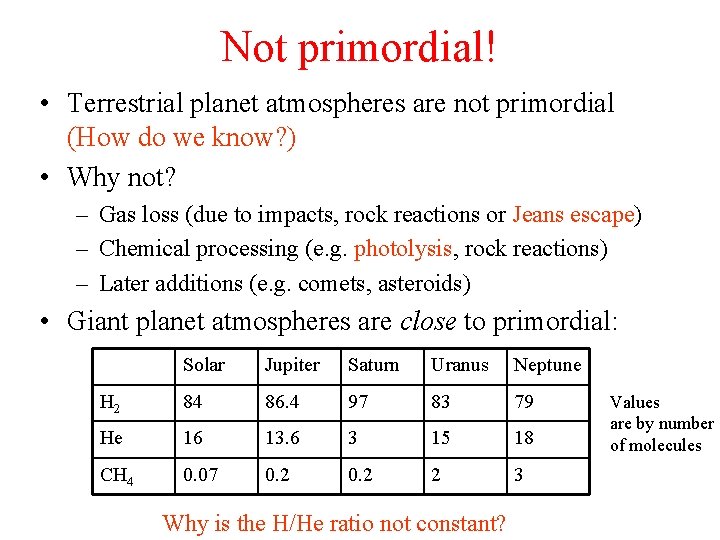 Not primordial! • Terrestrial planet atmospheres are not primordial (How do we know? )