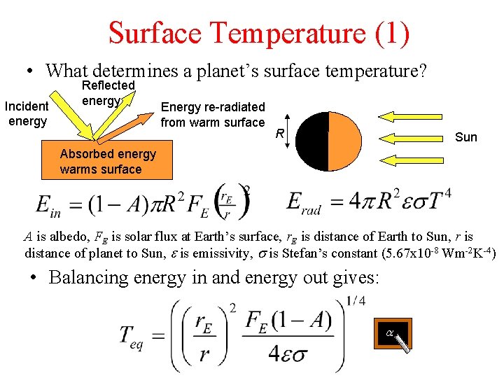 Surface Temperature (1) • What determines a planet’s surface temperature? Incident energy Reflected energy