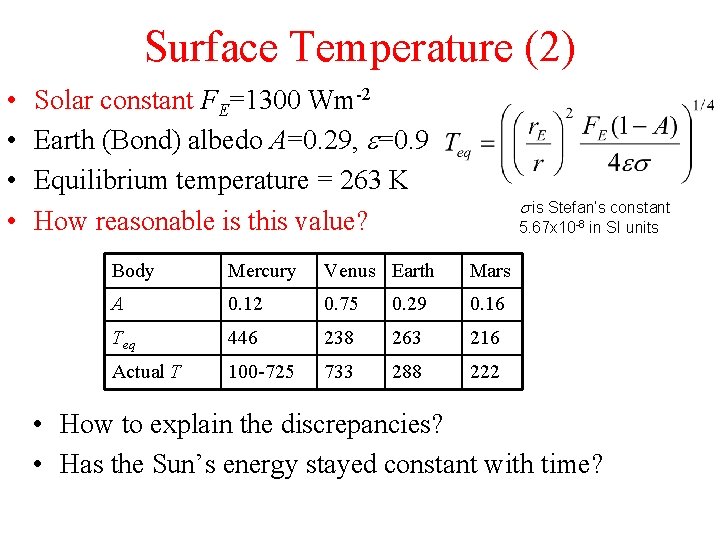 Surface Temperature (2) • • Solar constant FE=1300 Wm-2 Earth (Bond) albedo A=0. 29,