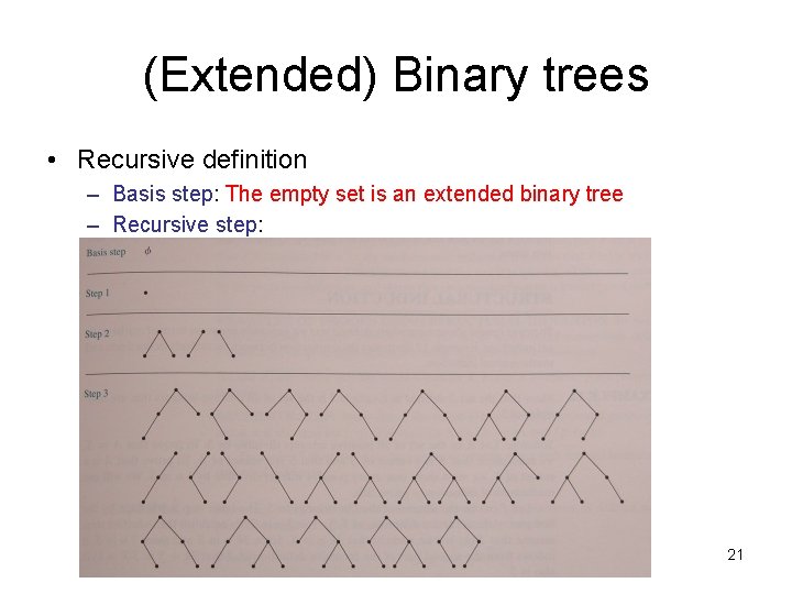 (Extended) Binary trees • Recursive definition – Basis step: The empty set is an