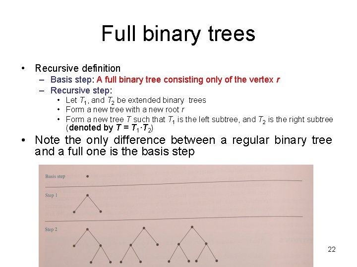 Full binary trees • Recursive definition – Basis step: A full binary tree consisting