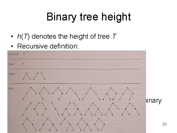 Binary tree height • h(T) denotes the height of tree T • Recursive definition: