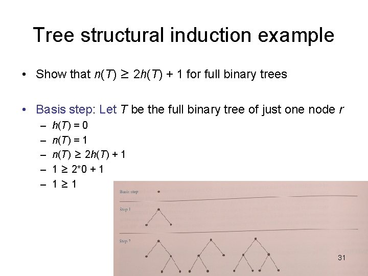 Tree structural induction example • Show that n(T) ≥ 2 h(T) + 1 for