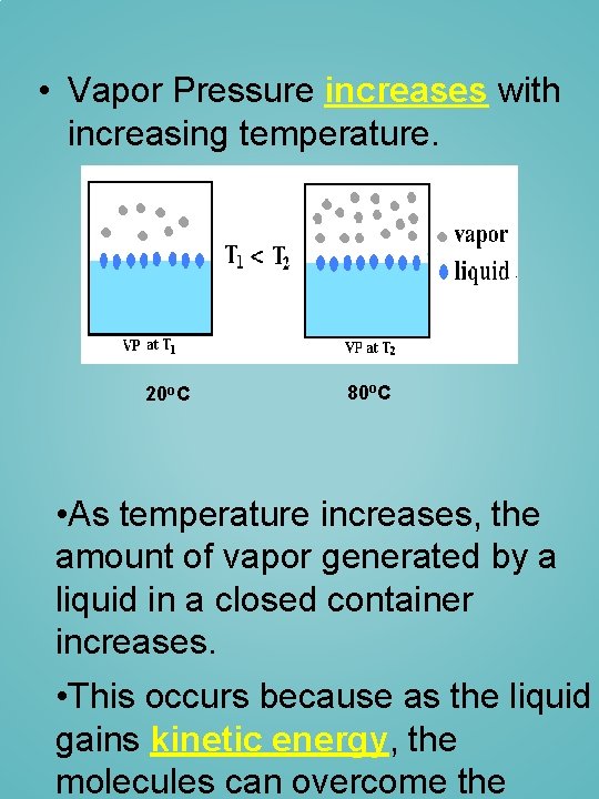 • Vapor Pressure increases with increasing temperature. 20 o. C 80 o. C • Vapor Pressure increases with increasing temperature. 20 o. C 80 o. C