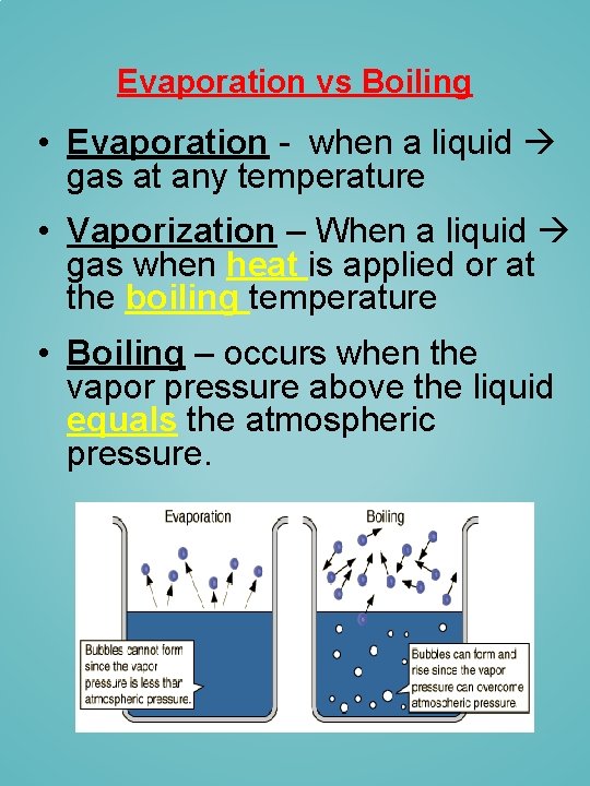 Evaporation vs Boiling • Evaporation - when a liquid gas at any temperature •