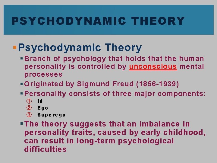 PSYCHODYNAMIC THEORY § Psychodynamic Theory § Branch of psychology that holds that the human